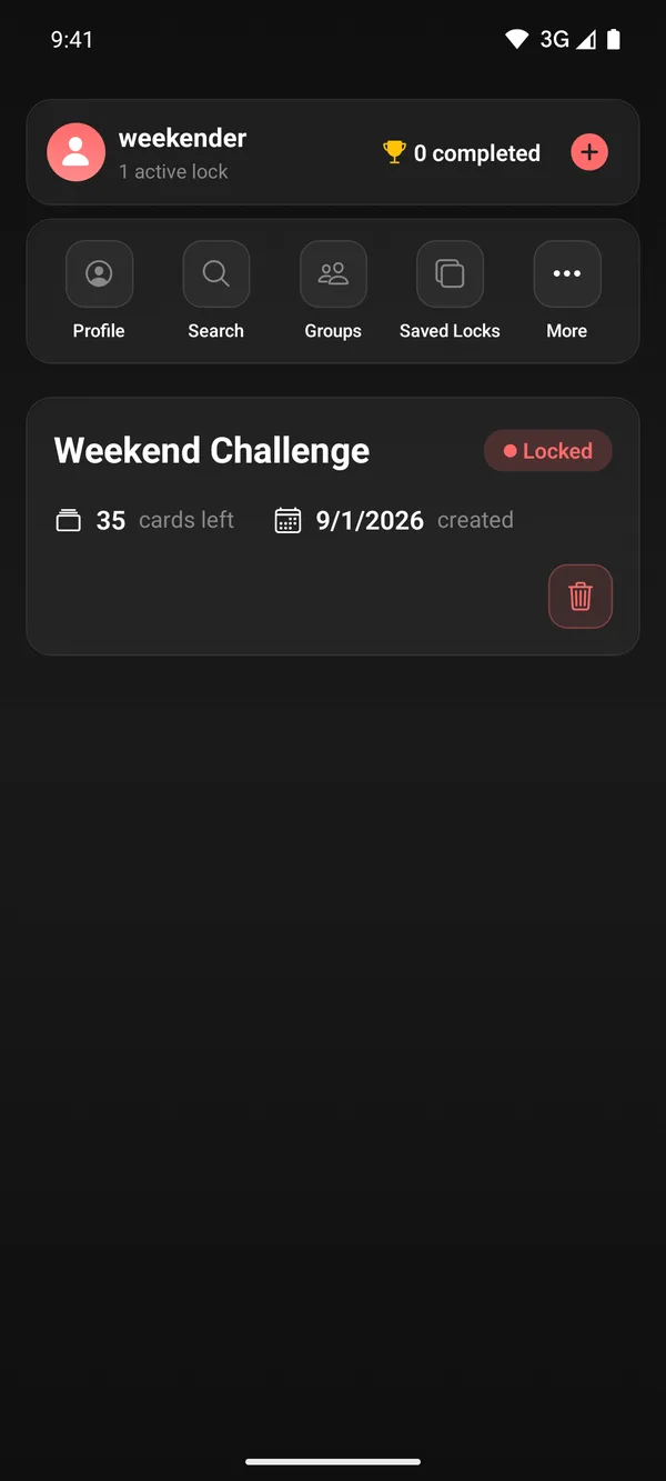 Your Locks screen showing one active lock named Weekend Challenge