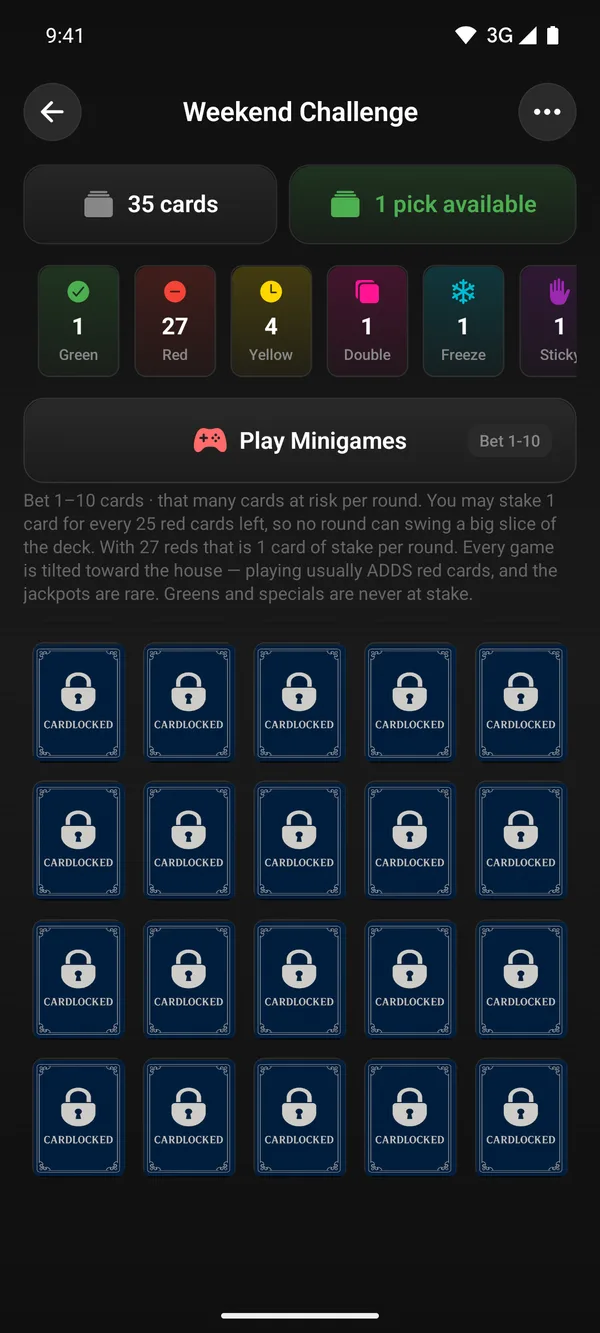Lock Details for Weekend Challenge mid-lock with the deck counts and the Pick Card control
