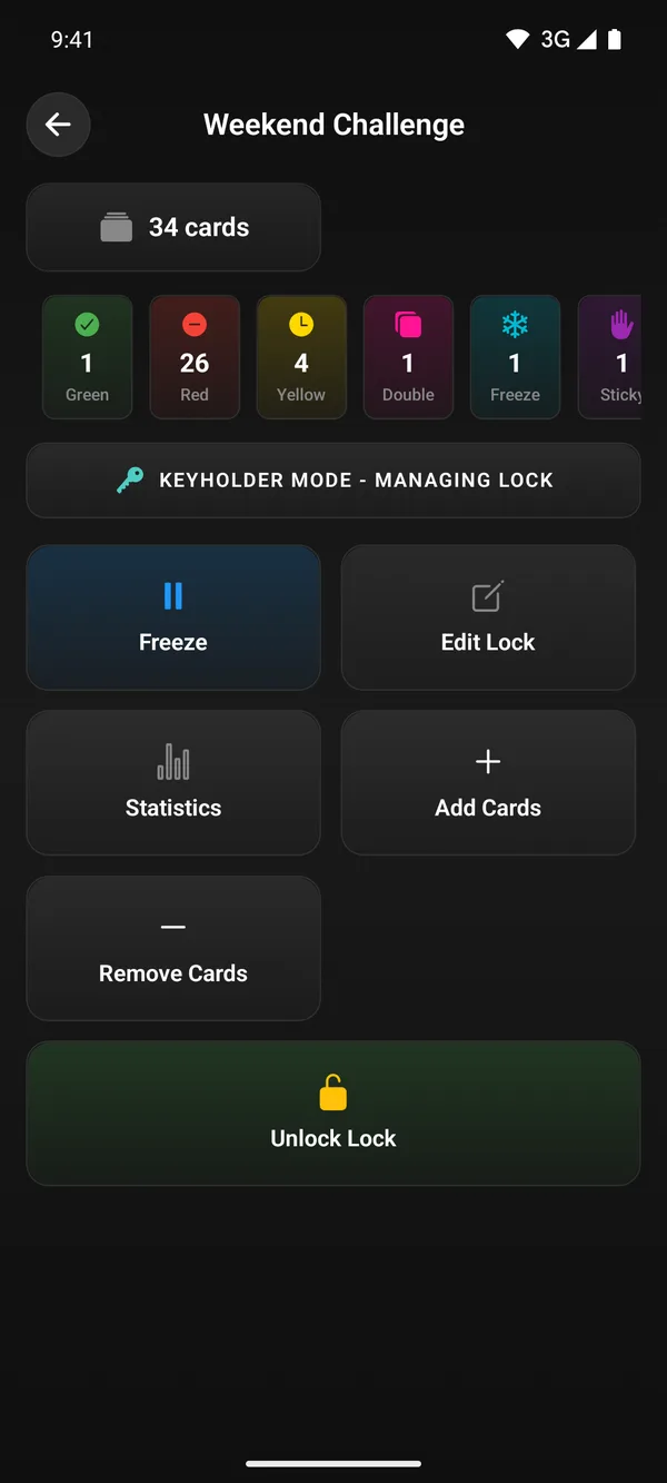 Lock Details as the keyholder with Freeze, Add Cards, Remove Cards and Unlock controls