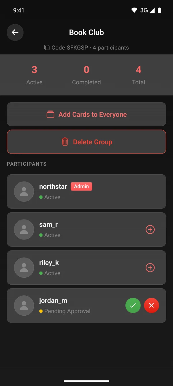 Group details for Book Club showing the share code, participants and Add Cards to Everyone