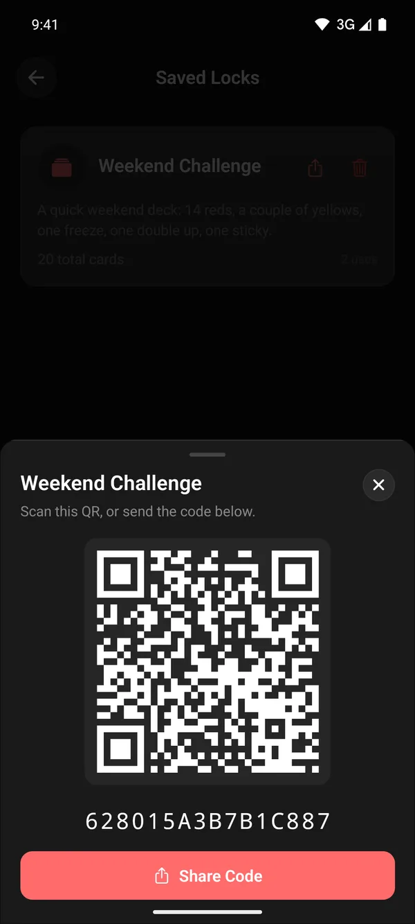 Saved Locks screen with a QR code sheet open for a design named Weekend Challenge